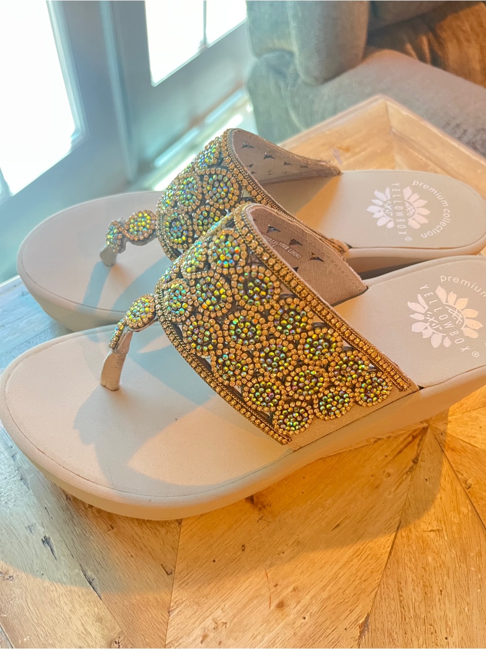 Yellow Box Beige Thong Sandals with Multicolor Beaded Swirls